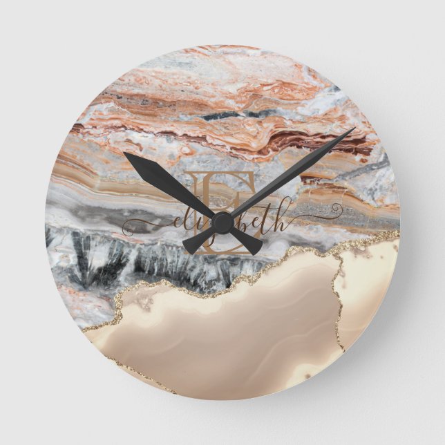 Relógio Redondo Monograma de pedra de pedra magnética Dourada do E (Frente)