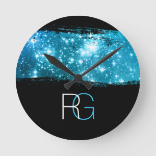 Relógio Redondo Monograma DIY Branco & Azul, Pincelada de Poeira E