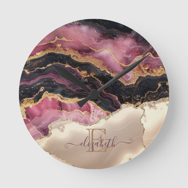 Relógio Redondo Monograma Dourado brilhante preto da Borgonha Eleg (Frente)