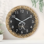 Relógio Redondo Monograma Dourado de brilho preto com brilho perso<br><div class="desc">Personalize facilmente esta moda design de relógio elegante com brilho bonito de ouro brilhante em um fundo metálico escovado preto.</div>