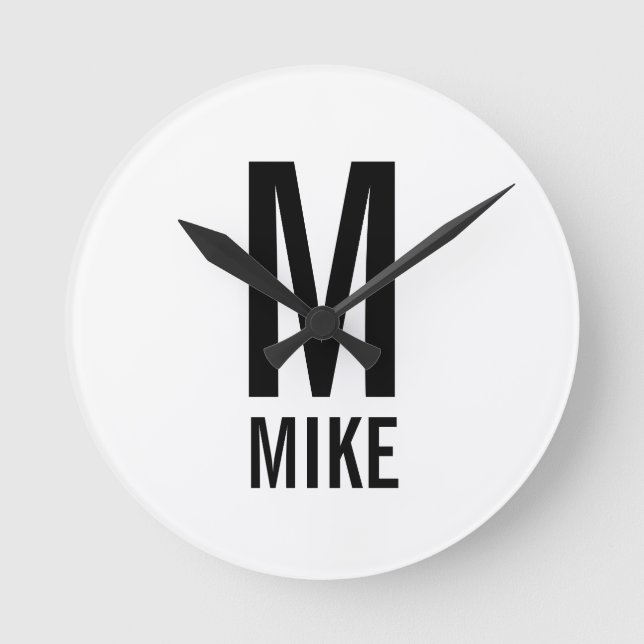 Relógio Redondo Monograma e Nome Personalizados Modernos (Frente)