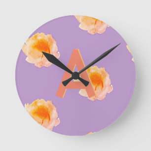 Relógio Redondo Monograma Floral Inicial Peach Lilar