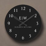 Relógio Redondo Monograma Moderno Minimalista Preto e Branco<br><div class="desc">Apresentando nossa Coleção de Monogramas Modernos Minimalistas Pretos e Brancos: adote simplicidade e sofisticação com nossos designs minimalistas, curados para elevar seu estilo sem esforço. Feita de olho na estética moderna, essa coleção apresenta designs negras e brancos elegantes, acentuados por monogramas personalizados. De papelaria chic a acessórios versáteis, nossa coleção...</div>