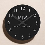 Relógio Redondo Monograma Moderno Minimalista Preto e Branco<br><div class="desc">Apresentando nossa Coleção de Monogramas Modernos Minimalistas Pretos e Brancos: adote simplicidade e sofisticação com nossos designs minimalistas, curados para elevar seu estilo sem esforço. Feita de olho na estética moderna, essa coleção apresenta designs negras e brancos elegantes, acentuados por monogramas personalizados. De papelaria chic a acessórios versáteis, nossa coleção...</div>