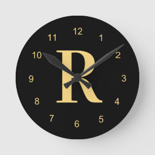 Relógio Redondo Monograma preto moderno Dourado