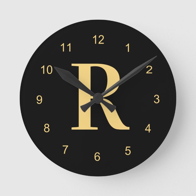 Relógio Redondo Monograma preto moderno Dourado (Frente)