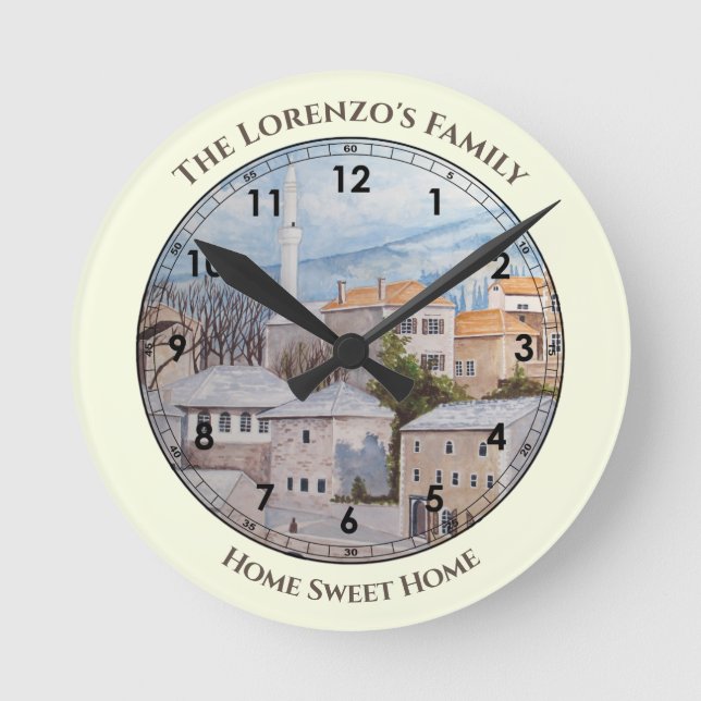 Relógio Redondo Mostar City Bosnia Acrylic Townscape Painting (Frente)