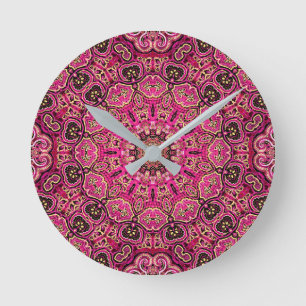 Relógio Redondo Motivo de Mandala Geométrica Rosa Quente