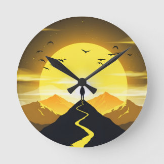 Relógio Redondo Mountain Peak Silhouette with a winding. Pedestal