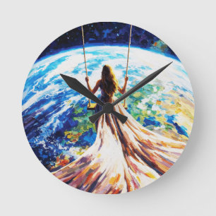 Relógio Redondo Mulher no Balanço Sobre a Terra Pintura a Óleo Imp