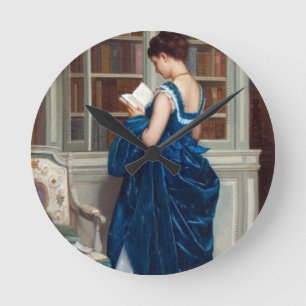 Relógio Redondo Mulher Vitoriana Elegante Lendo na Biblioteca