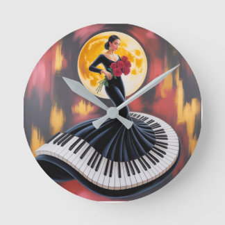 Relógio Redondo Música Elegante de Piano Arte de Mulher Design
