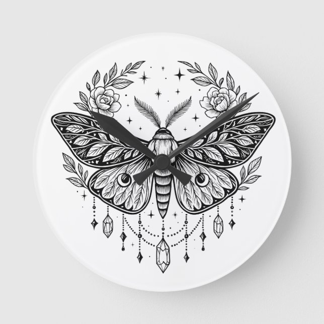 Relógio Redondo Mystical Gothic Moth Botanical Celestial Line Art (Frente)