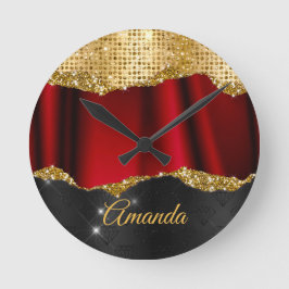 Relógio Redondo Na moda faux Glitter Red Dourado Monograma
