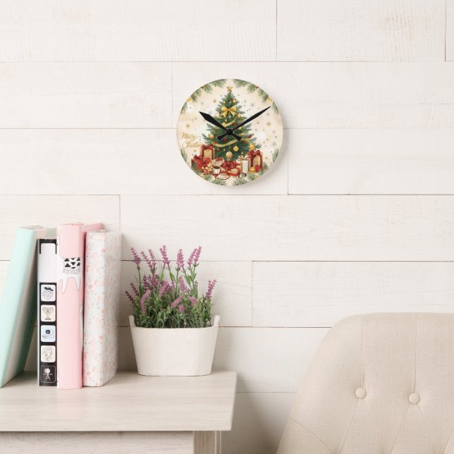 Relógio Redondo Natal Aconchegante – Árvore Festiva (Sala de leitura)