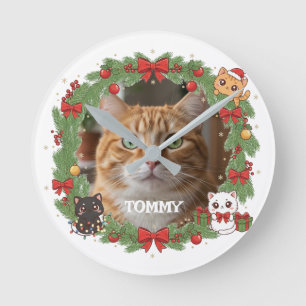 Relógio Redondo Natal com Foto e Nome de Pet Personalizados