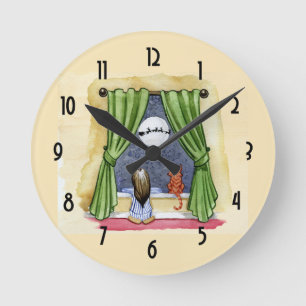 Relógio Redondo Natal Deseja o Natal para Criança e Gatinho