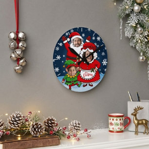 Relógio Redondo Natal Divertido Família de 3 com Rostos Personaliz