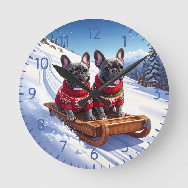 Relógio Redondo Natal do Buldogue Francês (Frente)