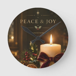 Relógio Redondo Natal Elegante com Luz de Velas, Paz e Alegria