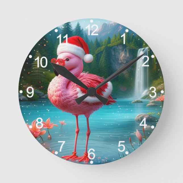 Relógio Redondo Natal Flamingo Como Papai Noel-47475 (Frente)