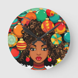 Relógio Redondo Natal Negro Sista Melanin Rainha Xmas