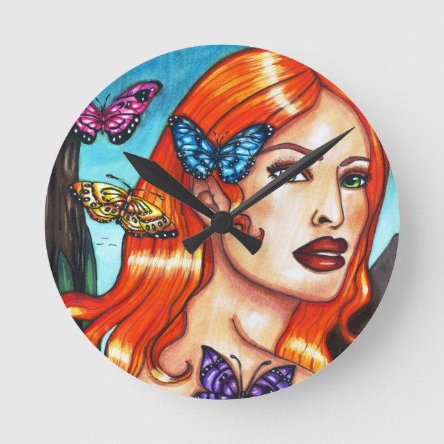 Relógio Redondo Nature Girl Butterflies original fantasy art Canva (Frente)
