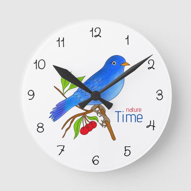 Relógio Redondo Nature Time – Blue Bird Floral Wall Clock (Frente)