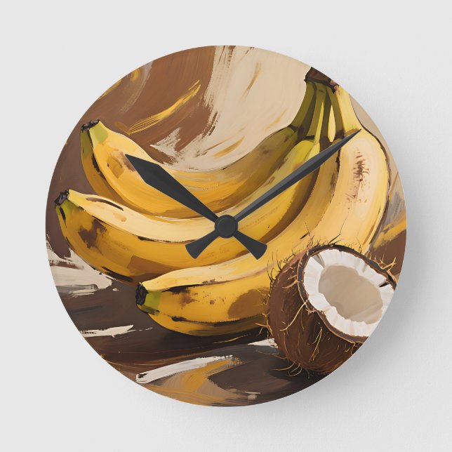 Relógio Redondo Natureza-Morta de Bananas Coco (Frente)