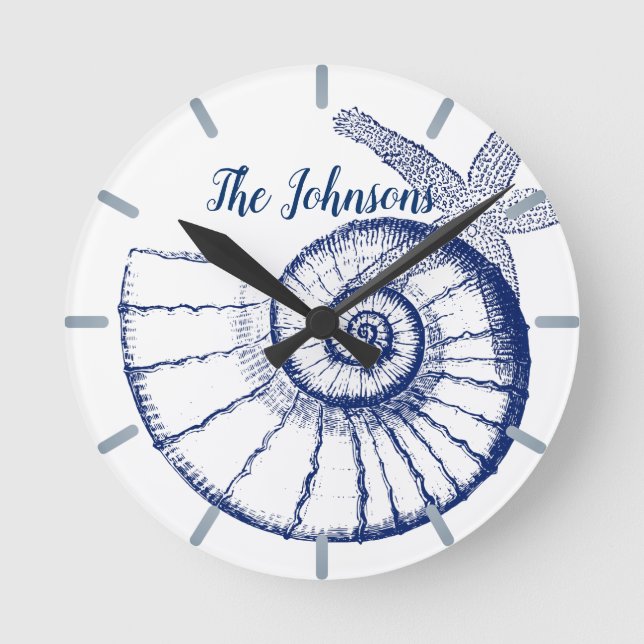 Relógio Redondo Nautilus Seashell e Starfish Vida Marinha Personal (Frente)