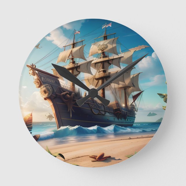 Relógio Redondo Navio de pirata de praia tropical (Frente)