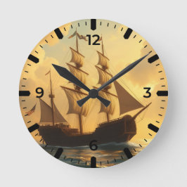 Relógio Redondo Navio Dourado