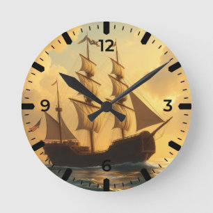 Relógio Redondo Navio Dourado