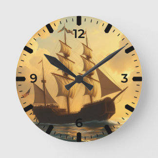 Relógio Redondo Navio Dourado