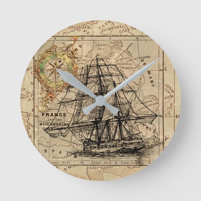 Relógio Redondo Navio Vintage e velho mapa europeu (Frente)