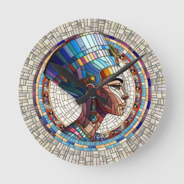 Relógio Redondo Nefertiti egípcio - Arte mosaica (Frente)