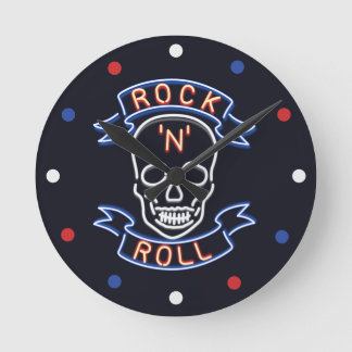 Relógio Redondo Neon Rock N Roll Skull Red Blue Wall Clock