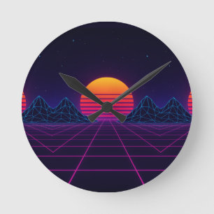 Relógio Redondo Neon Sunset Grid - Stic De Onda Sintética Retro-Fu
