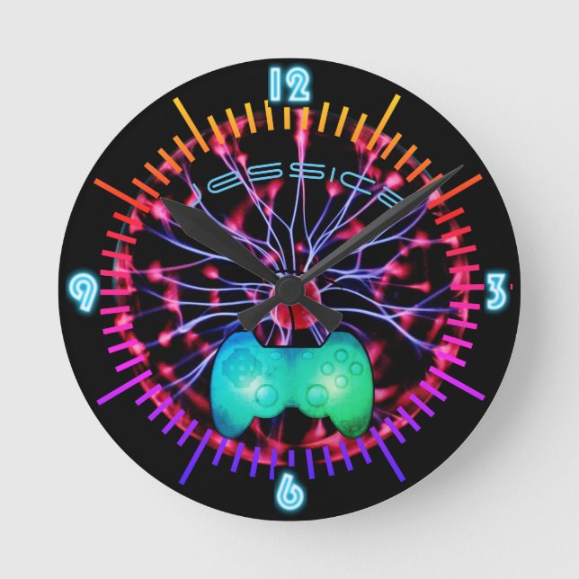 Relógio Redondo Neon Wall Clock Girl Gamers Plasma Ball (Frente)