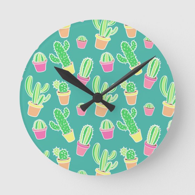 Relógio Redondo Neon Watercolor Cactus Em Potes (Frente)