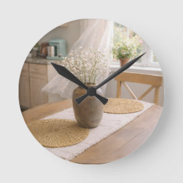 Relógio Redondo Neutral Farmhouse Wildflower Kitchen Wall Clock