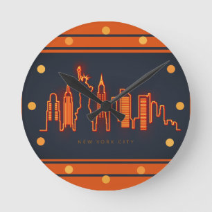Relógio Redondo New York Skyline Orange Neon Look Cityscape Wall