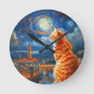 Relógio Redondo Noite Estrelada Sobre Florença Arte de Gato Geng