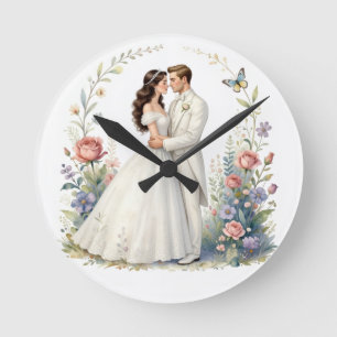 Relógio Redondo Noiva Romântica Noivo Floral Casal de Noivos Elega