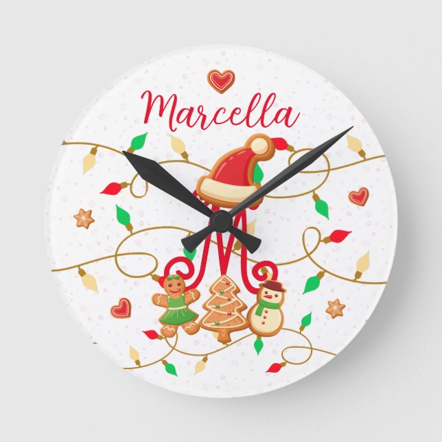 Relógio Redondo Nome de Natal Monograma Pão de Pão Vermelho Person (Frente)