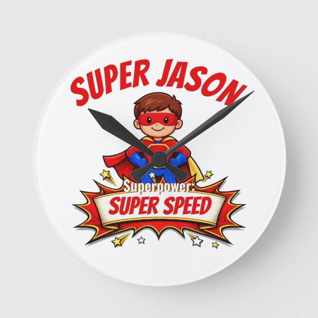 Relógio Redondo Nome de Super-Herói Infantil Personalizado & Super (Frente)