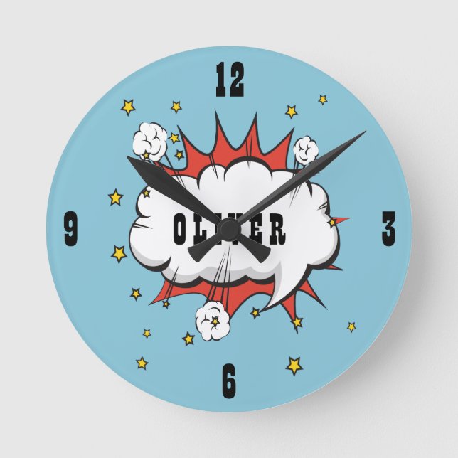 Relógio Redondo Nome do Garoto da Bolha de Discurso de Super Herói (Frente)