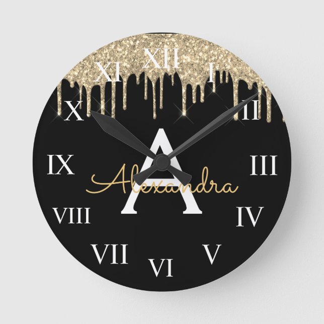 Relógio Redondo Nome do Monograma do Glam Glitter Preto Dourado (Frente)