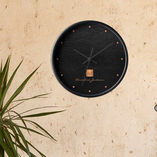 Relógio Redondo Nome do monograma elegante de ouro preto personali (Criador carregado)