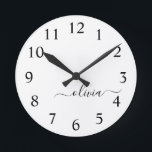 Relógio Redondo Nome do Monograma Girly de Script Moderno Branco N<br><div class="desc">Relógio de Nome do Monograma Simples Preto e Branco. Isto faz o doce e perfeito aniversário de 16 anos,  casamento,  chá de panela,  aniversário,  chá de fraldas ou festa de solteira presente para alguém que ama luxo de luxo e estilos quíticos.</div>